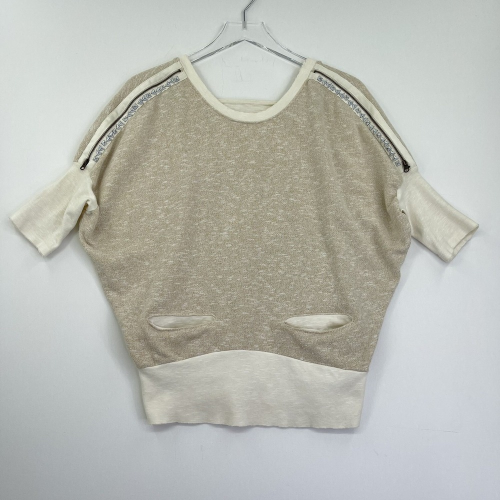 We The Free People Blouse Womens Top Small Beige 3/4 Sleeve Zipper Stones Shirt